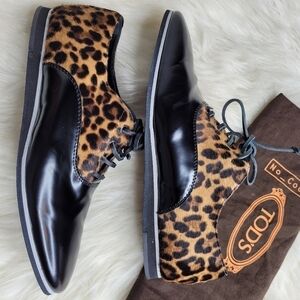 Tod's Leather Calf Hair Leopard Oxford Shoes